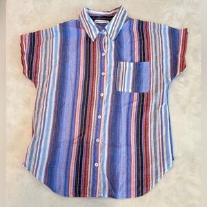 Notations Striped Button Down Blouse Women Small Blue Multicolor Short Sleeve